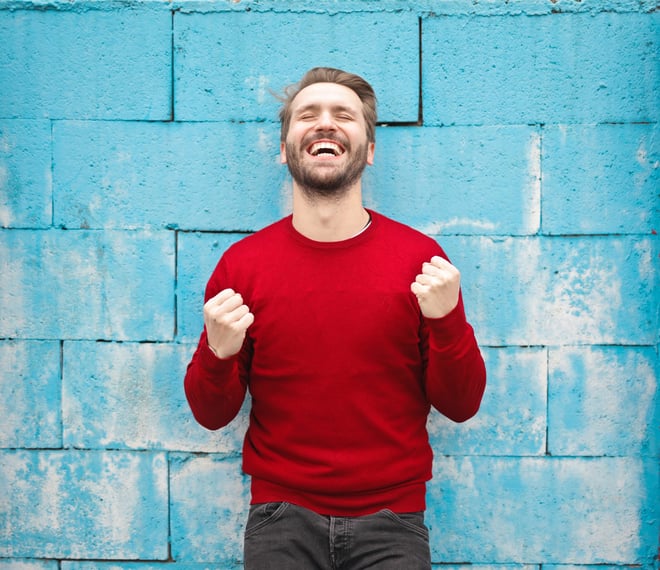 happy man red shirt